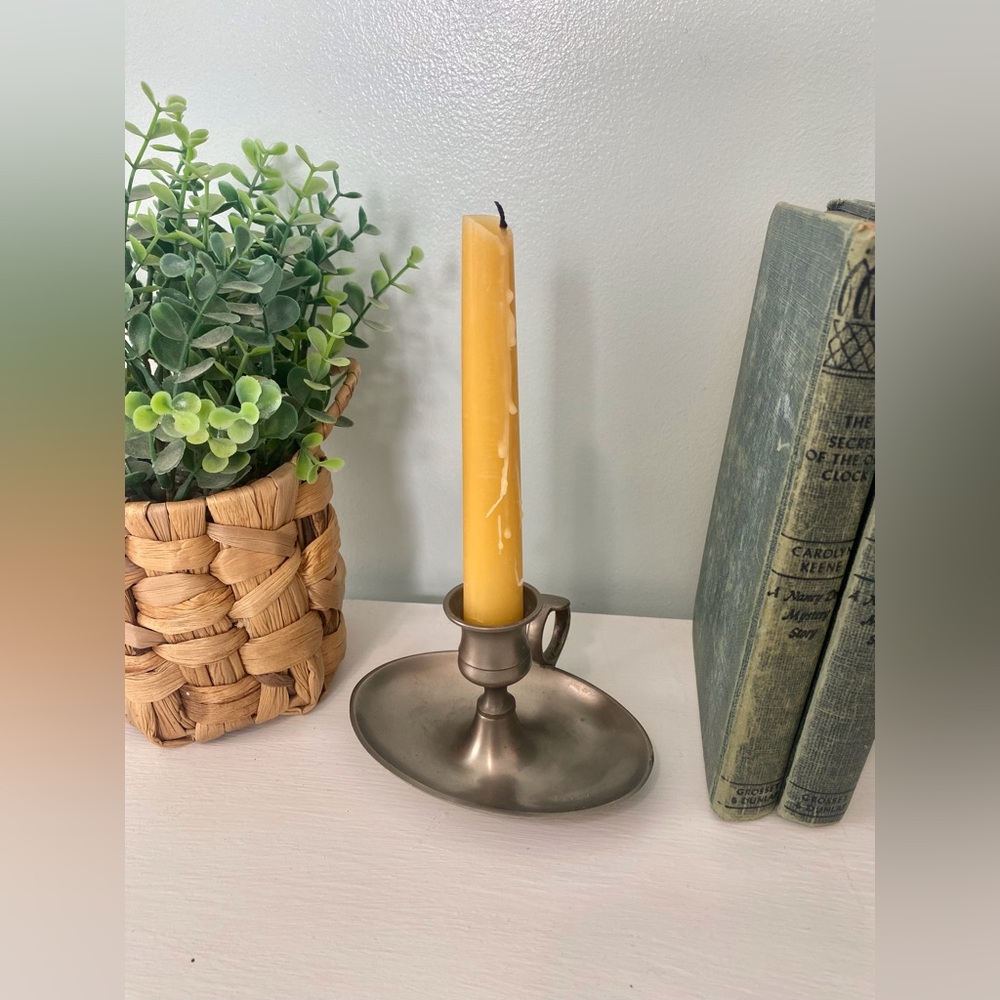 Vintage Pewter Chamber Stick Candle Holder (Beeswax Candle Not Included)